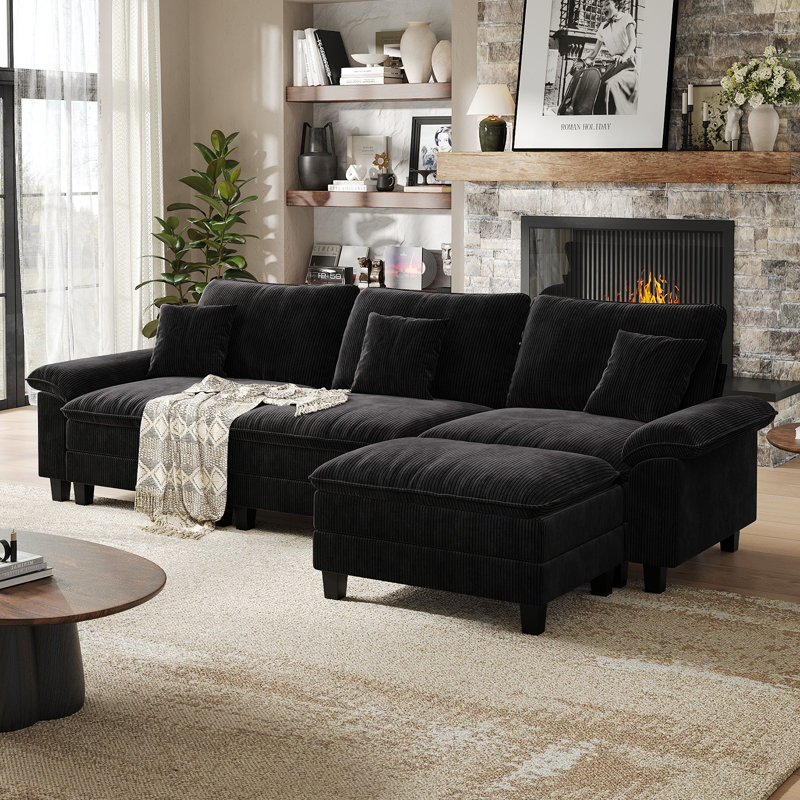 123'' Cloud Modular Couch Sofa, Oversized 3 Seat Comfy Sofa For Living Room, Sectional Couches With Ottoman, Detachable Seat Cushion & Backrest Cover, Corduroy Fabric Black