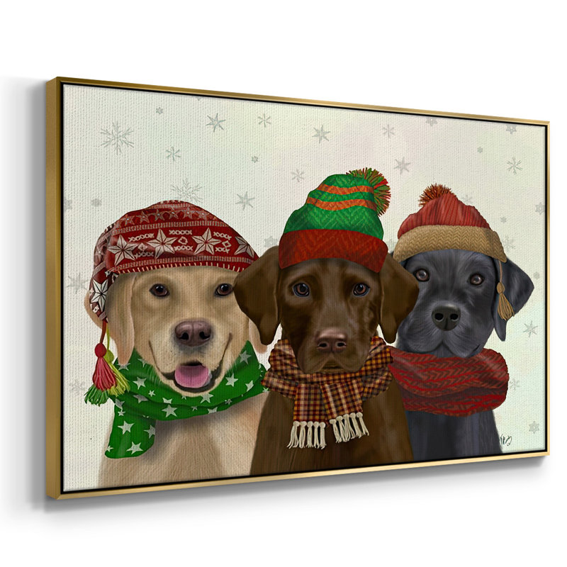 Christmas 3 Winter Labs, reproduction d'art sur toile, Cadre flottant doré, H 27 po x l 41 po x P 1,5 po