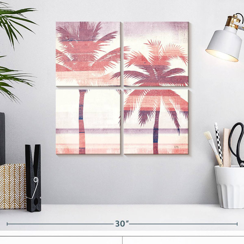Harnek, paysage de plage, palmiers, rose, mauve, H 18 po x l 18 po