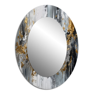 Black And White Delicate Brushstrokes I - Abstract Oval Decorative Mirror On Metal