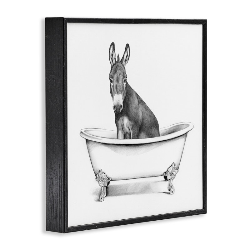 Dessin d'un âne dans une baignoire à griffes, Giclée encadrée noir minuit, H 17 po x l 17 po