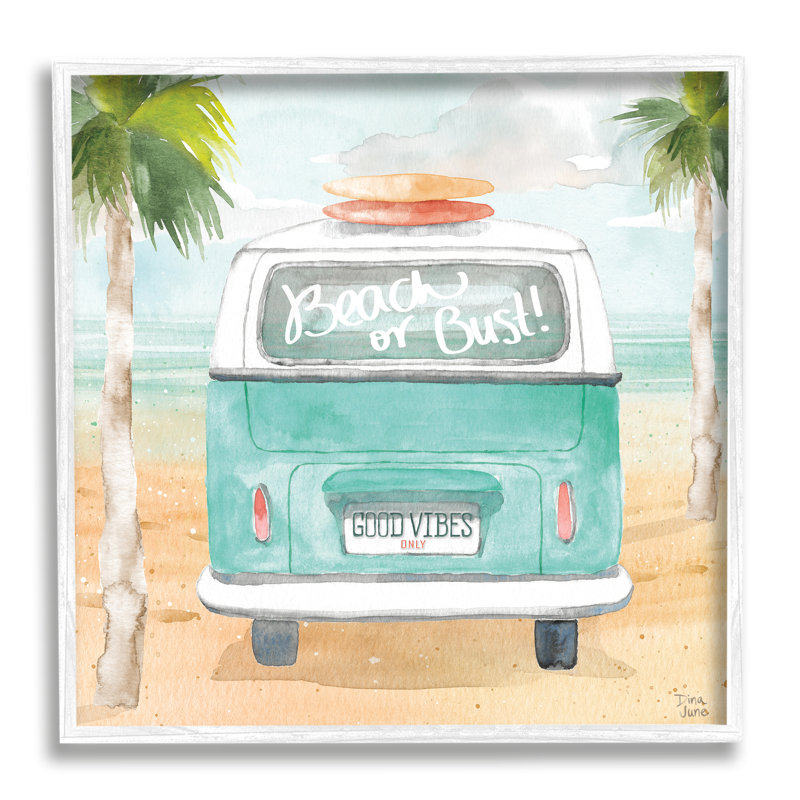 «Beach or Bust Blue Surf Cruiser» par Dina June - peinture sur bois, H 17 po x l 17 po x P 1,5 po