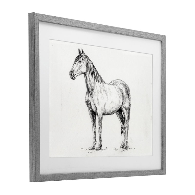 «Horse In Charcoal», reproduction d'art sous verre encadrée par Leah Noel Art, H 17 po x l 21 po, Cadre de ferme gris