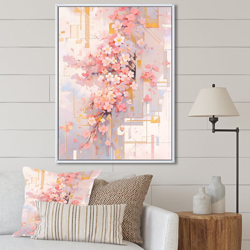Contemporary Cherry Blossom Bold Stripes - Art mural sur toile Cherry Blossom, Cadre flottant blanc