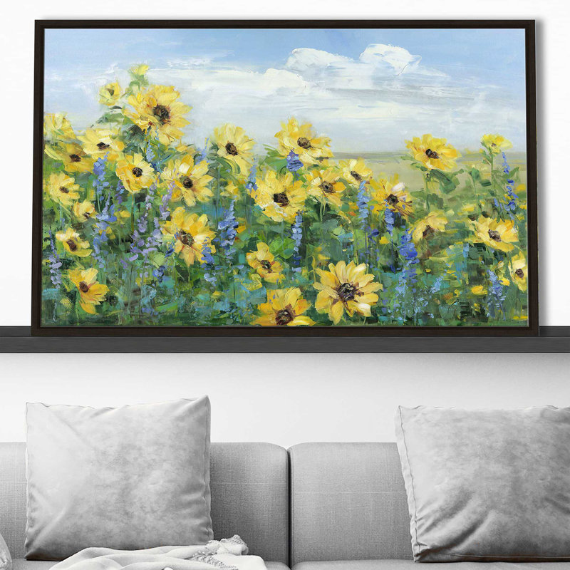 «Sunflower Fields Forever» par - Peinture, Cadre flottant espresso, H 31,5 po x l 51,5 po x P 2 po