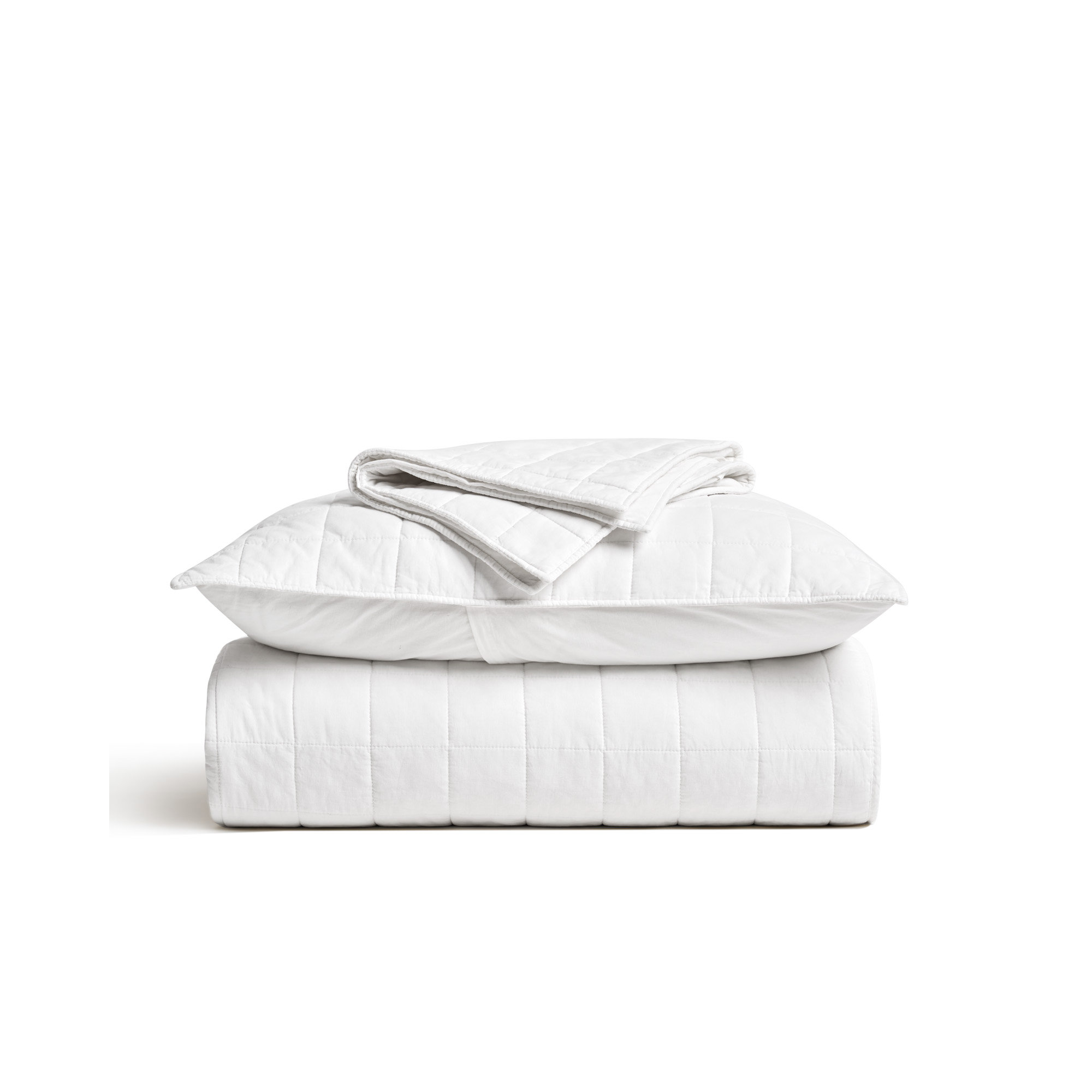 100% Cotton Box Stitch Quilt Set, Bright White, Queen Quilt + 2 Queen Shams