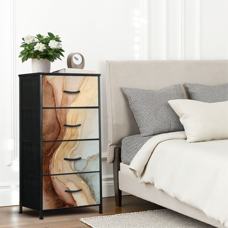 Commode 4 tiroirs pour chambre à coucher, commode étroite, plateau en bois et structure en fer de travail 18 po x 37,5 po - (l x H)