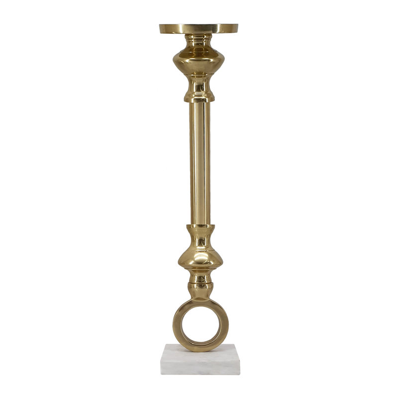 Gold Aluminum Pillar Candle Holder with White Marble Base, 21'' H X 4.3'' W X 5'' D