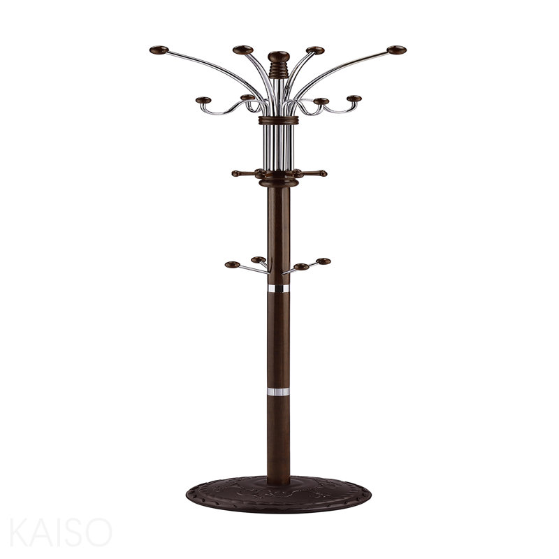 73" Tall Chrome And Wood Coat Rack, Espresso Finish