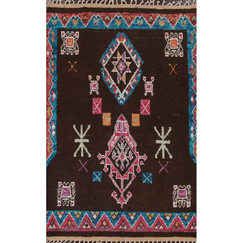 Tapis brun en laine noué à la main de conception unique 6 pi 0 po x 9 pi 10 po