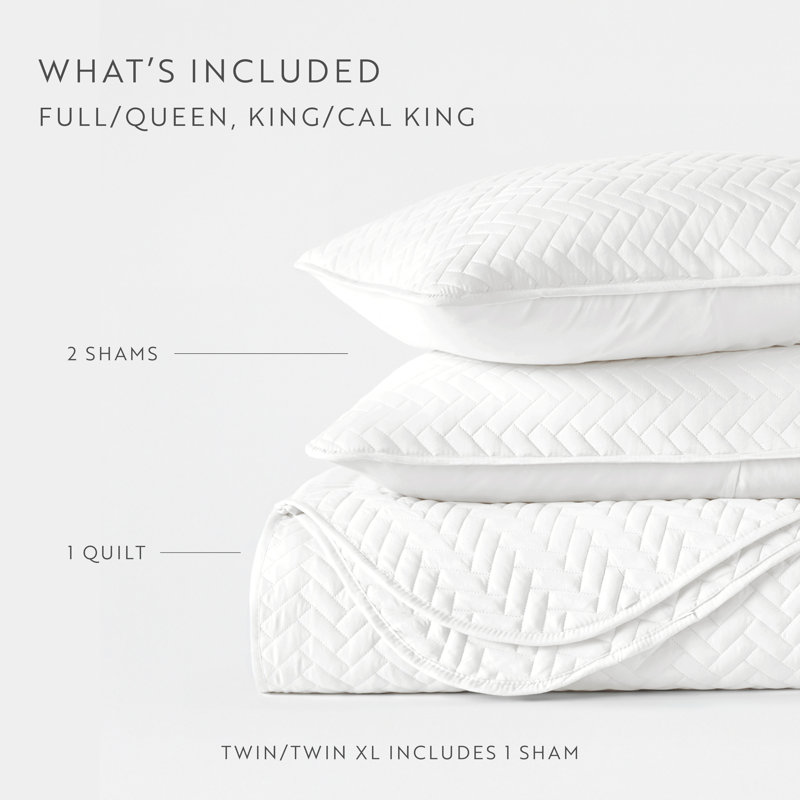 Double Brushed Herringbone Stich Pattern Quilted Coverlet Set, King Coverlet + 2 Shams, White