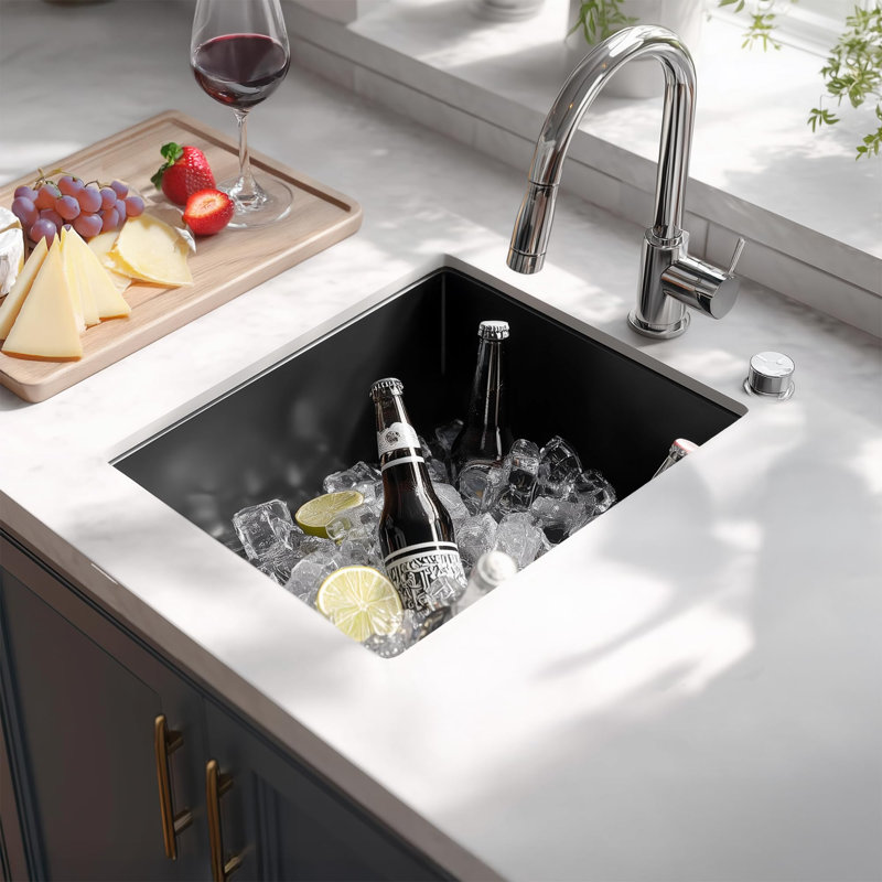 Évier de cuisine encastrable 15 po x 17 po - revêtu de céramique Nanotek noir brillant, évier simple en acier inoxydable de calibre 16
