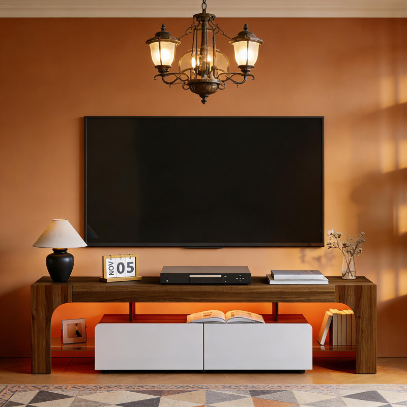 Meuble télé avec grand tiroir de rangement avec lumières DEL de couleur contrôle pour téléviseurs de 75 pouces, Brun