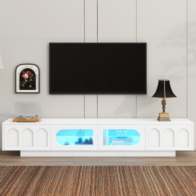 Meuble télé avec portes en verre et lumière DEL, Blanc