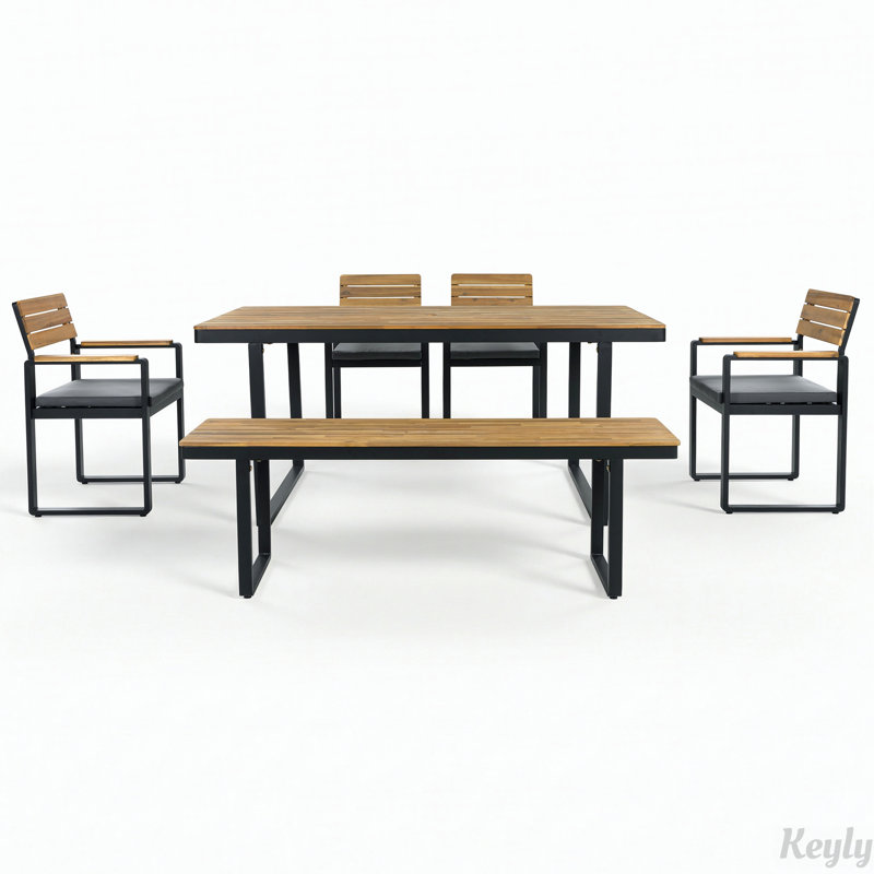 6-Piece Outdoor Dining Set, Acacia Wood, 1 Table with 4 Chairs & 1 Bench for 6-7 Person, Comfortable Cushions on Chairs, Adjustable Feet, for Patio, Garden, Backyard Dining