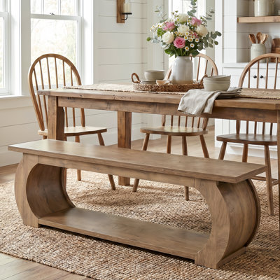 63" Modern Farmhouse Dining Bench, MDF Wood-Look Bench with Curved Sides & Open Storage Shelf for Dining Room