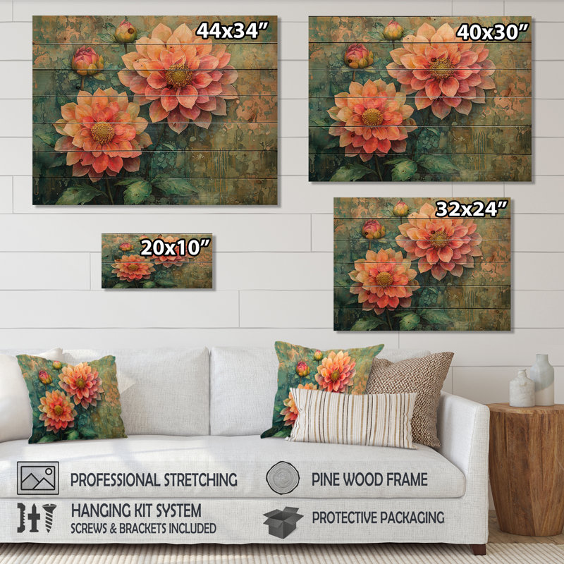«Vintage Dalia Spring Symphony II», impression sur bois de dahlia - sur bois de pin naturel, H 10 po x l 20 po x P 0,78 po