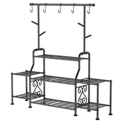 Indoor Outdoor Heavy Duty Metal Plant Stand, Rust - proof Black Rack with Hooks and Adjustable Feet for Multiple Plants by LGHM