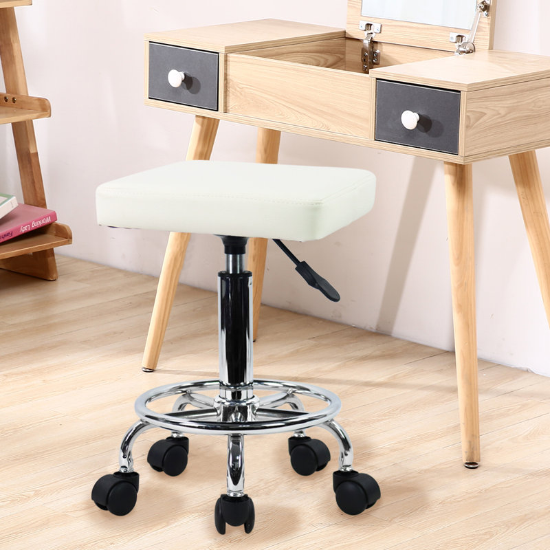Small Square Height Adjustable Rolling Stool with Foot Rest for Spa Drafting Salon Tattoo Work, White