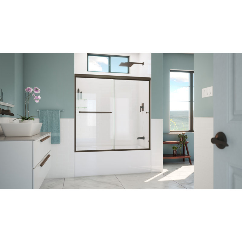 Leter - W x 57.375'' H Bypass Door Frameless Tub Door with, Clear Glass, Anodized Oil Rubbed Bronze, Right Opening