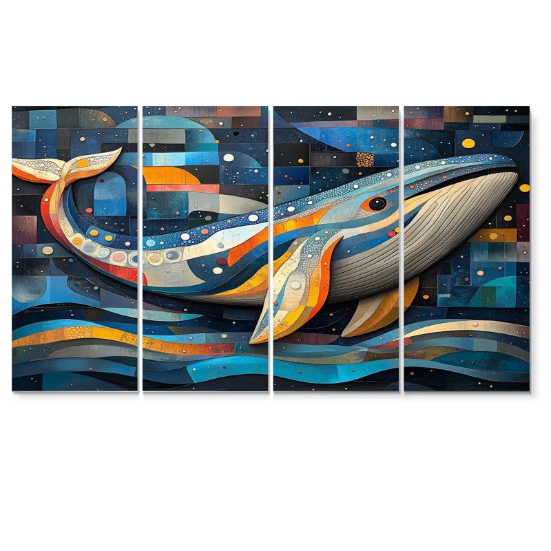 Baleine inuit dans des tons bleus et jaunes - ensemble d'art mural sur toile baleine, H 32 po x l 64 po