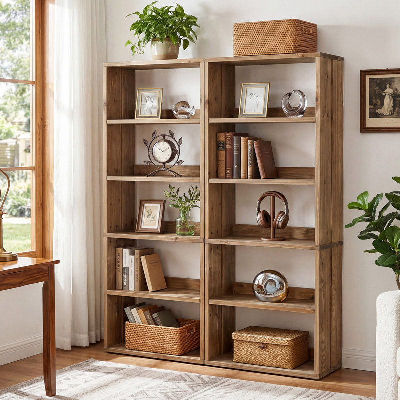 70.8" H Solid Wood Bookcase With 5-Tier Storage For Living Room, Home Office (Set Of 2)