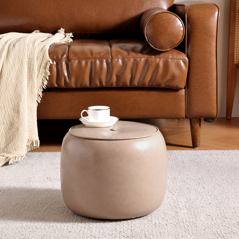 30cm Small Tufted Round Upholstered Ottoman, Khaki