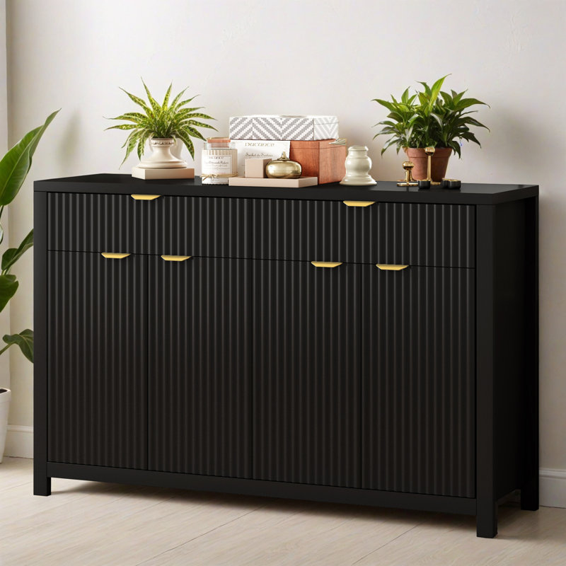 Buffet de rangement 55,12 po à 4 portes avec tiroirs et tablettes réglables, buffet en bois pour le salon, vestibule, Noir