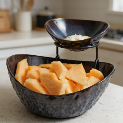 Ensemble de bol à fruits en céramique à 2 niveaux avec support en métal - Présentoir de comptoir de cuisine élégant pour fruits, collations, salade, bonbons - Bol de service durable et polyvalent pour les fêtes et la décoration intérieure