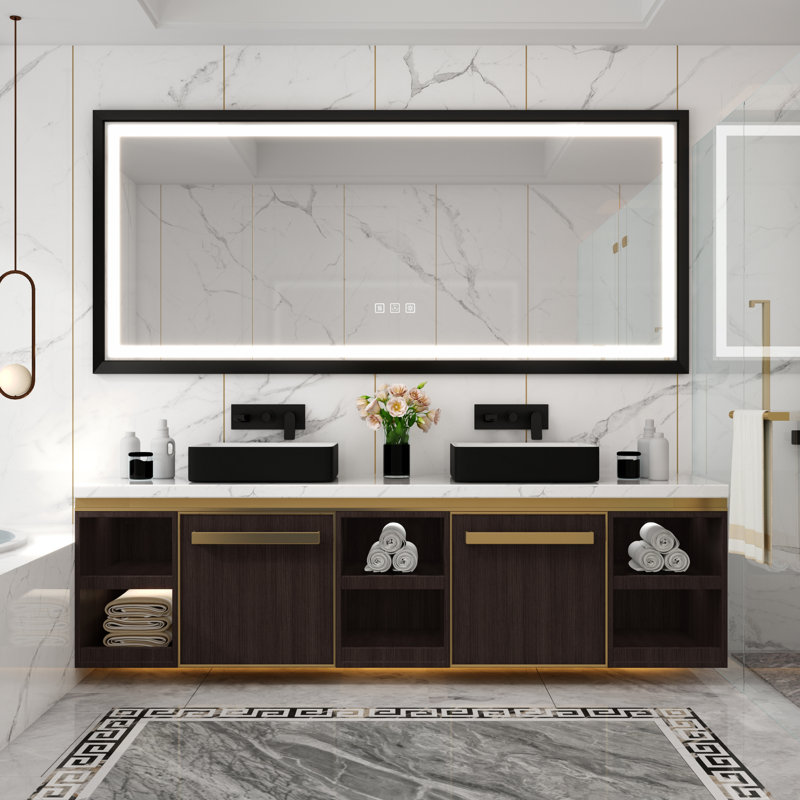 Miroir de salle de bain / meuble-lavabo avec cadre en bois clair noir mat