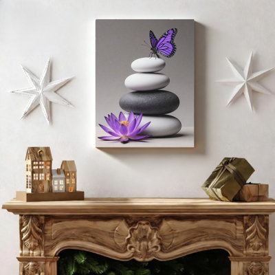 16 Wx20L Built-in Wooden Frame Purple Butterfly Lotus Zen Stone Canvas Decoration Bedroom Living Room Decor