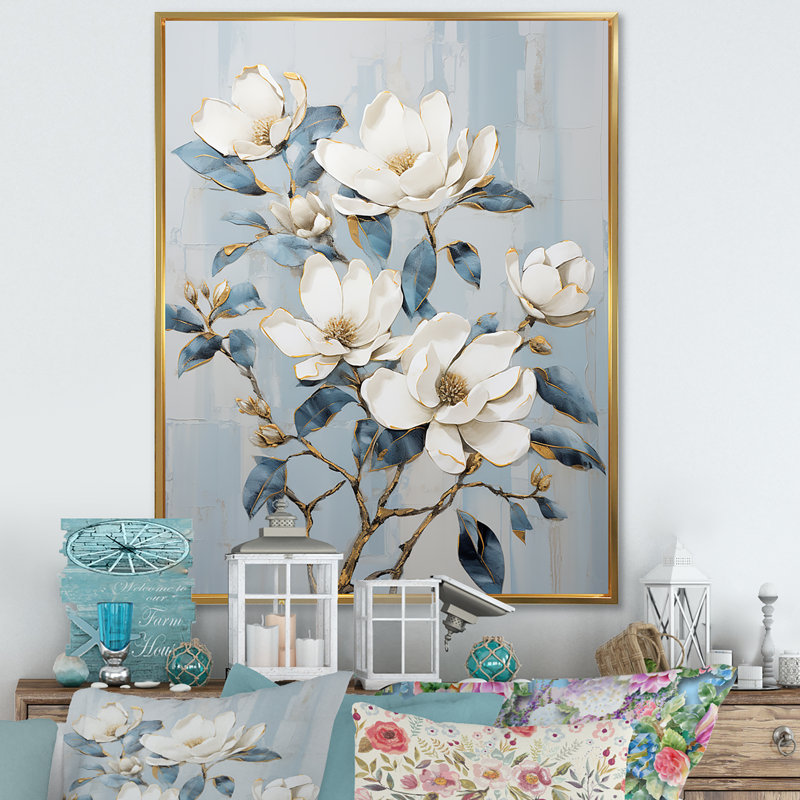 Minimalisme blanc et bleu Magnolias Florescence I - Magnolias, impressions encadrées, H 44 po x l 34 po x P 1,5 po