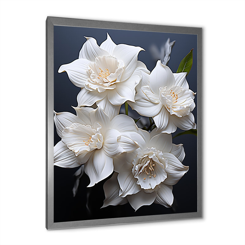 Jonquilles blanches sur toile, Cadre simple argenté, H 44 po x l 34 po x P 1,5 po