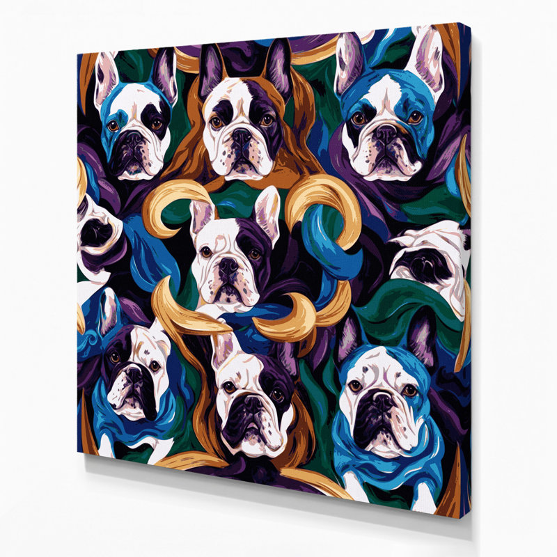 Chiens, bouledogue français, toile mauve, H 32 po x l 32 po