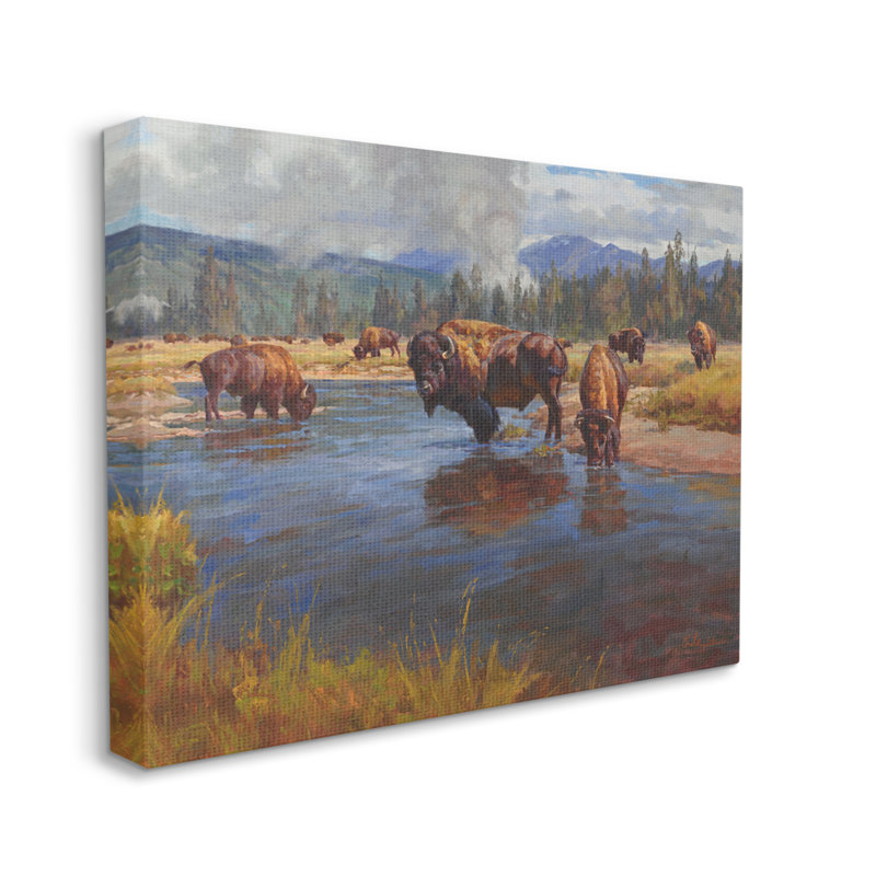 " Bison Herd By River ", 24" H x 30" W x 1.5" D