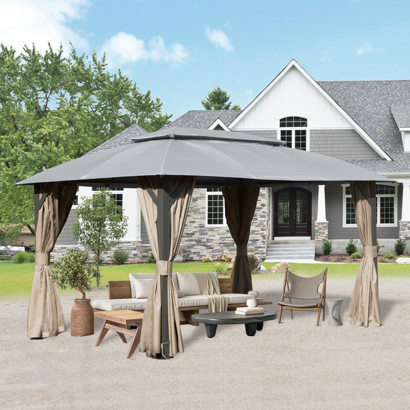 Metal Ventilation Double Roof Party Tent Gazebo, 9.81 ft x 13.86 ft, Gray