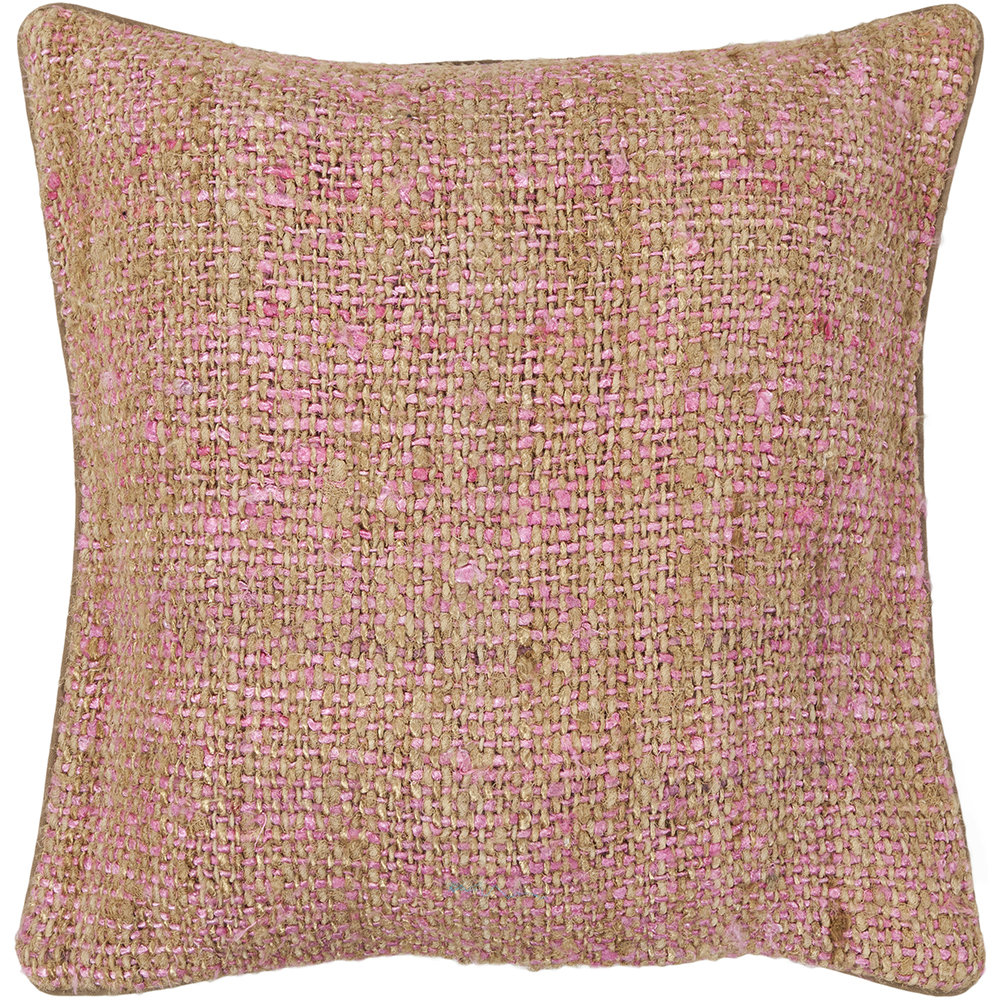 Jute & Wool Blend Removable Cover Pillow Throw Authentic Handmade Square Polyester Fill Pink & Natural Non-Reversible Textured Weave With Khaki Brown Cotton Backing Chandra Rugs