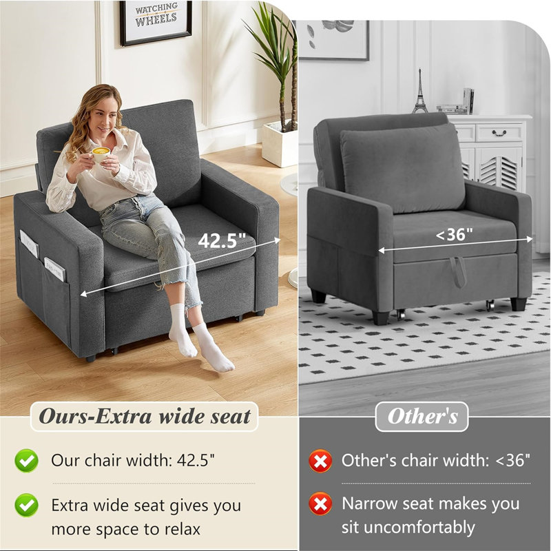 Ebern Designs 3-In-1  42.5" W Convertible Sleeper Chair With Pull Out Bed And Side Pockets., Gray