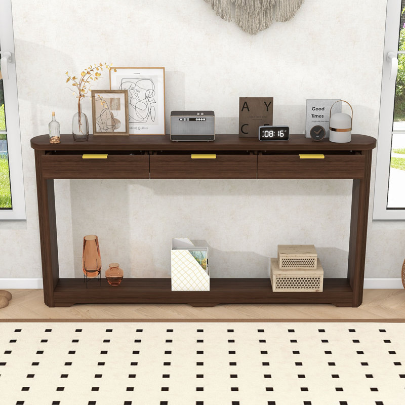 Console de rangement à motif ondulé avec 3 tiroirs et tablettes ouvertes, Noyer