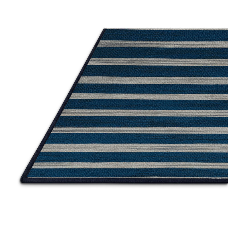 Washable Deep Blue Light Gray Striped Area Rug, Square 5'