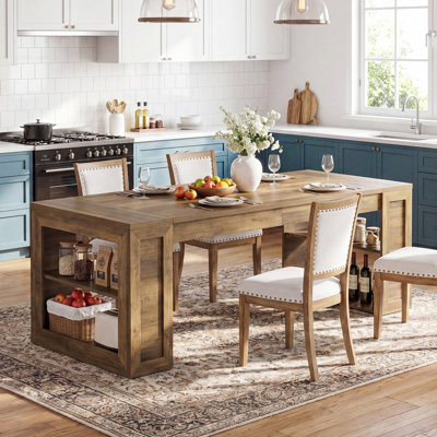 Farmhouse Dining Table With Storage Shelves, 70.8 Inch Large Rectangle Wooden Kitchen Dinner Table For 6 For Dining Room