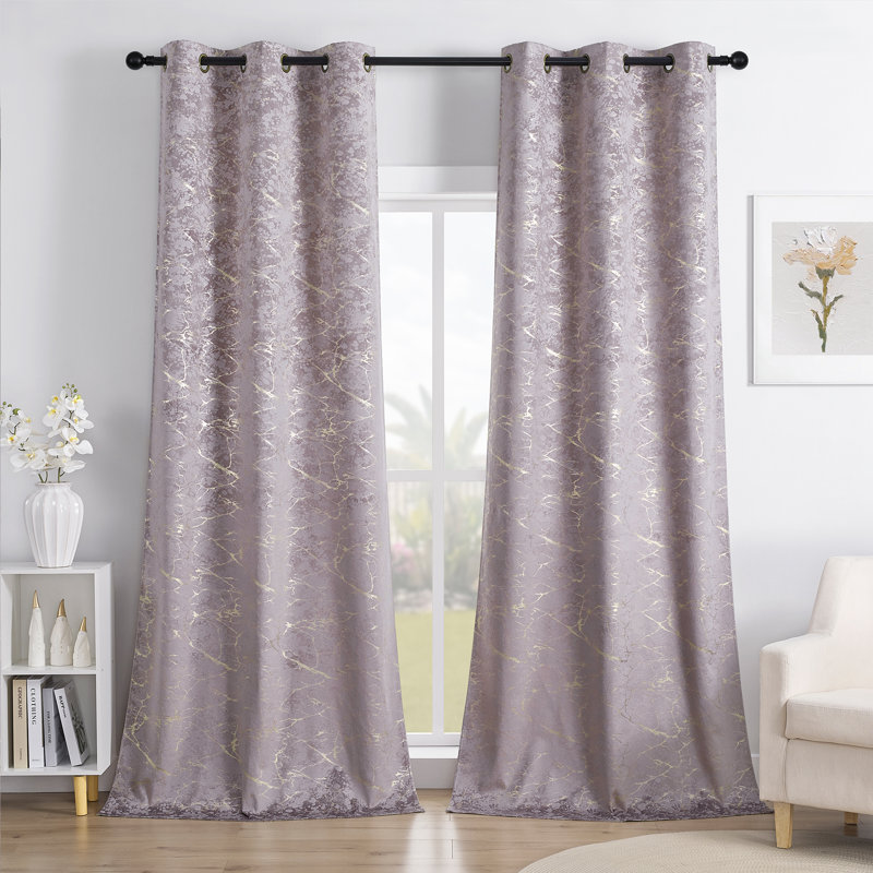 Deavion Velvet Curtains Metal Grommets Room Darkening with Gold Foil Print 2 Panel Set, 40" W x 84" L, Purple Pink