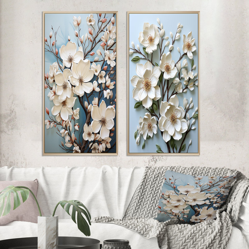 «Dogwood Field Pointillism Collage», 2 pièces sur toile, Encadrement brun, H 40 po x l 40 po