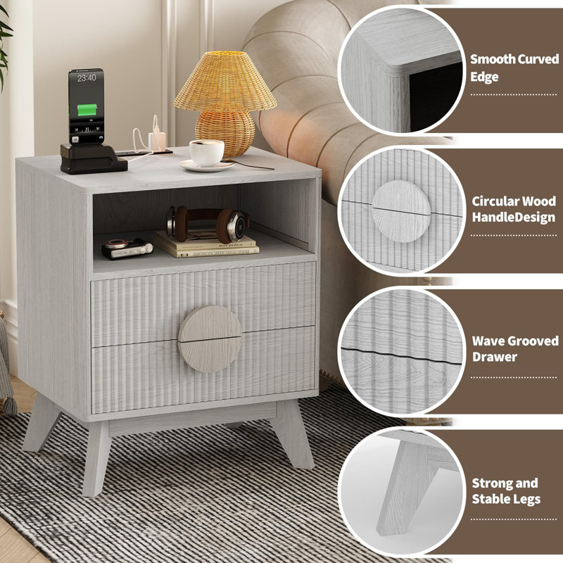 Fluted Night Stand, Wood Tall Bedside Tables with 2 Drawers & Open Shelf, End Tables for Bedroom Living Room, Gray, 2