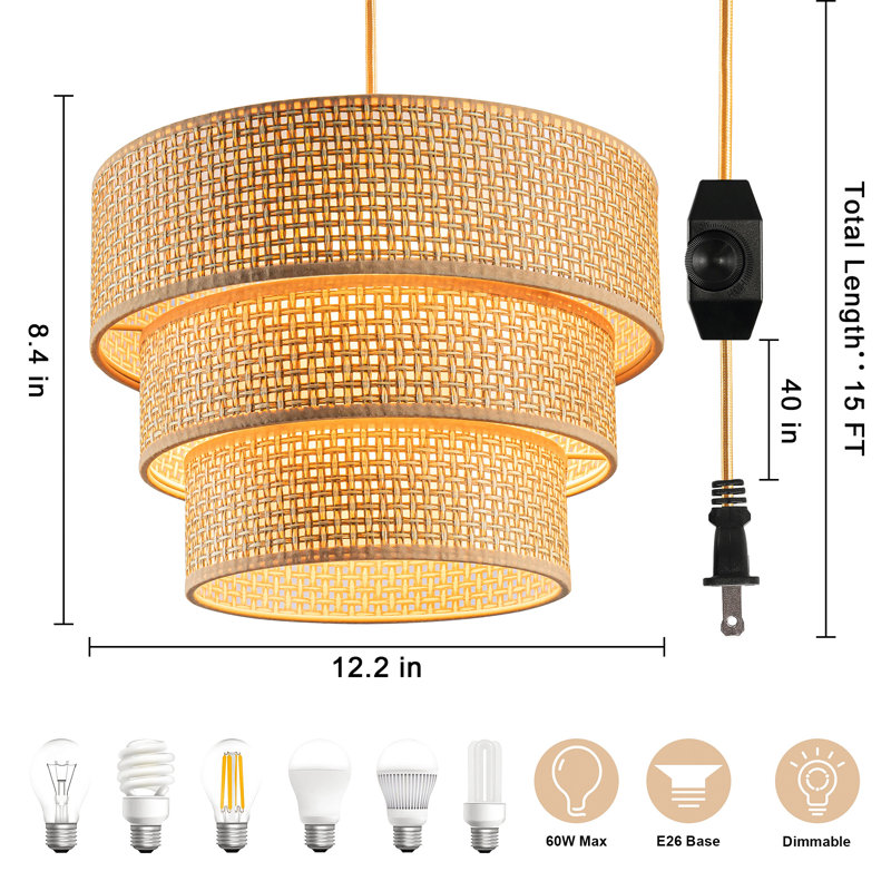 Rochell Diameter 12.2" Plug-in Pendant Light, Hanging Lamp with Dimmable, Hanging Light with 15 ft Plug Cord, Khaki