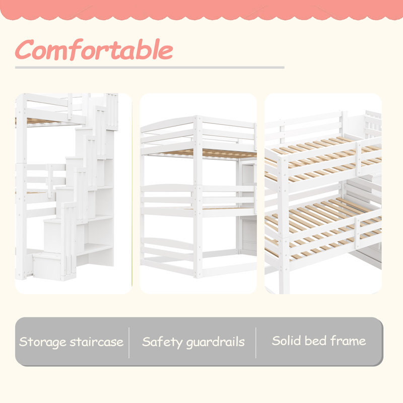 Full Size Triple Bunk Bed With Storage Staircase,Separate Design, White