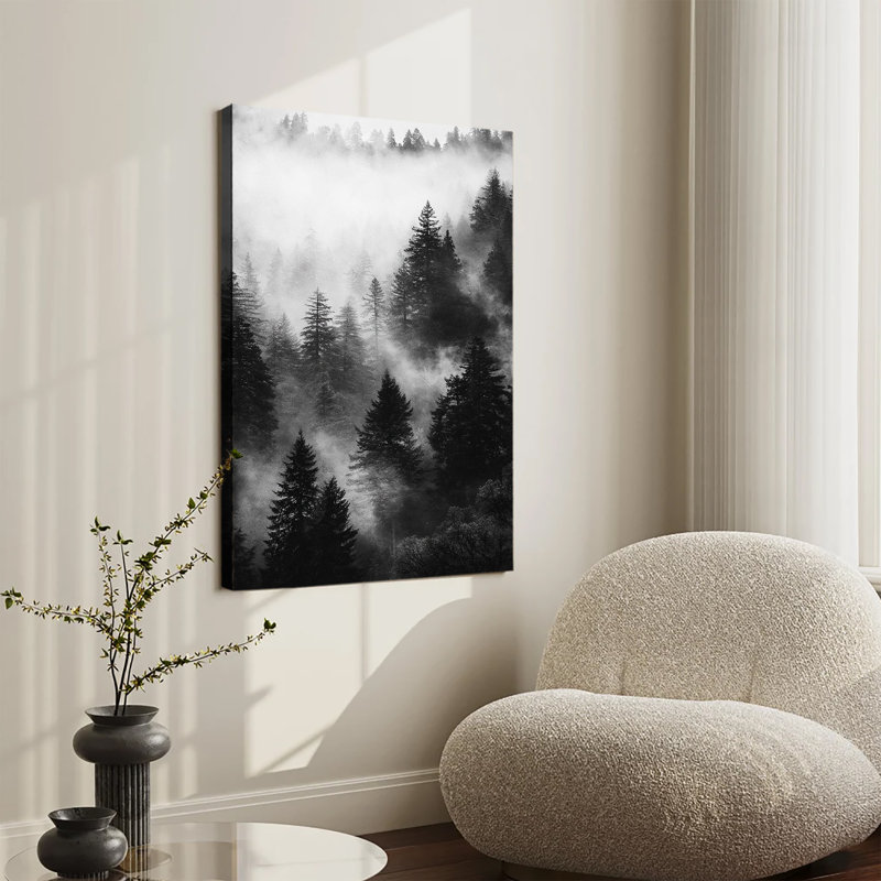 Tableau grand format, noir et blanc, représentant une forêt de pins brumeuse, idéal pour le salon ou la chambre.