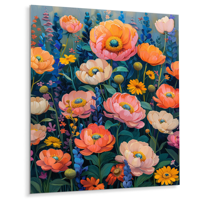 Fleurs bleues et orange, fleurs sauvages d'été - Art mural fleurs sauvages, Métal métal, 34" H x 44" W