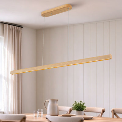 59" Linear Dimmable Modern Wooden Kitchen Island Pendant Light, Integrated LED Chandelier with 3 Color Temperatures
