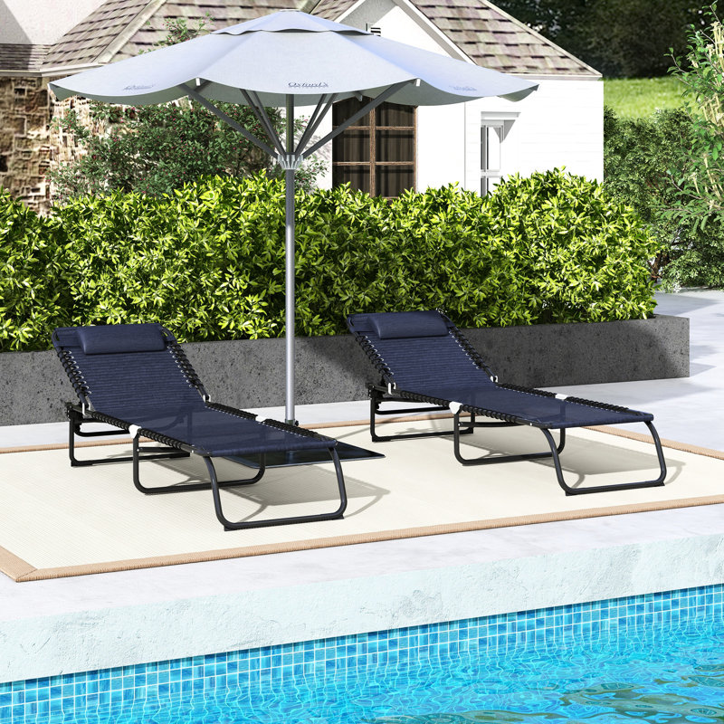 2 chaises longues pliantes pliantes, plage d'extérieur bleu foncé avec dossier inclinable, coussin, siège respirant en filet et à élastique 2 chaises longues de patio - Matériau, oreiller, dossier pour le plaisir